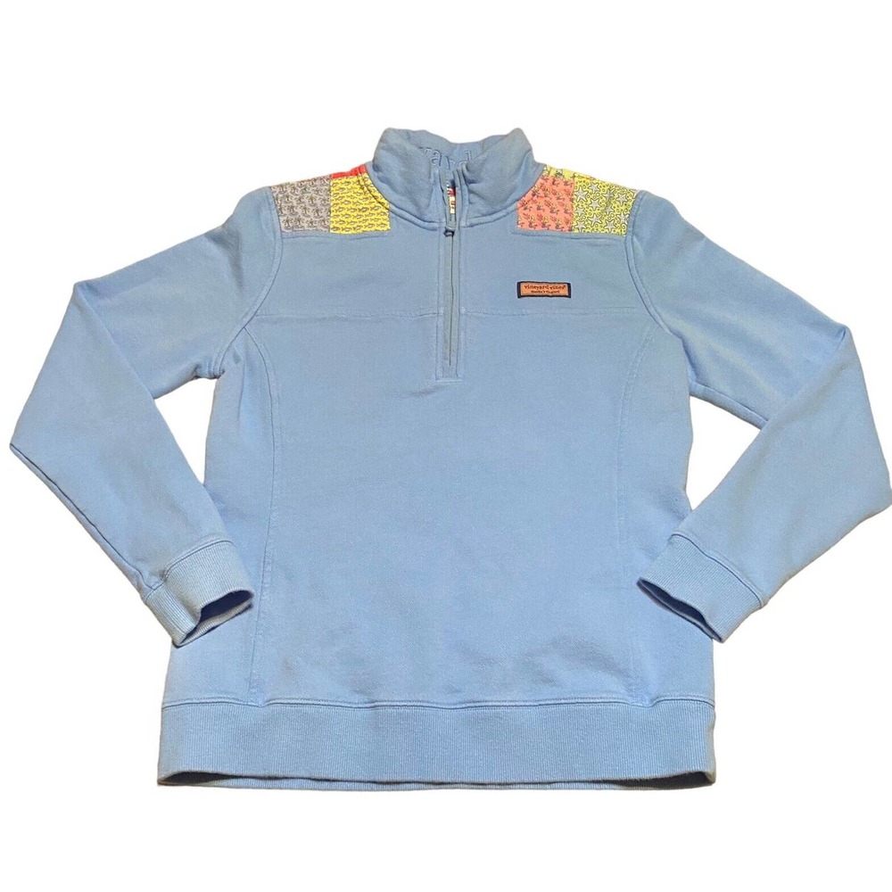 Vineyard Vines Womens Patchwork Blue Shep Shirt 1/4 Zip Preppy Pullover Size S